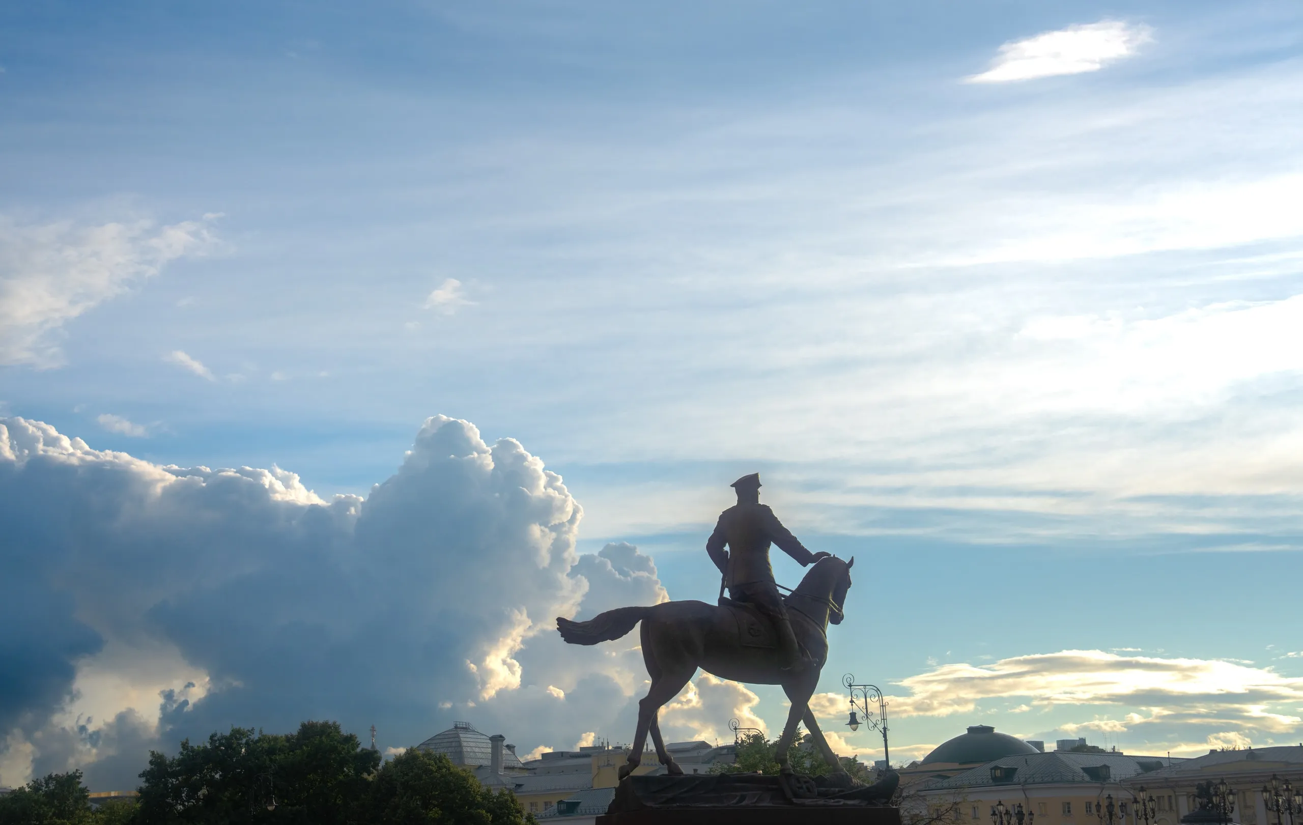 Moscow. A rider in bronze against a wall of cloud.